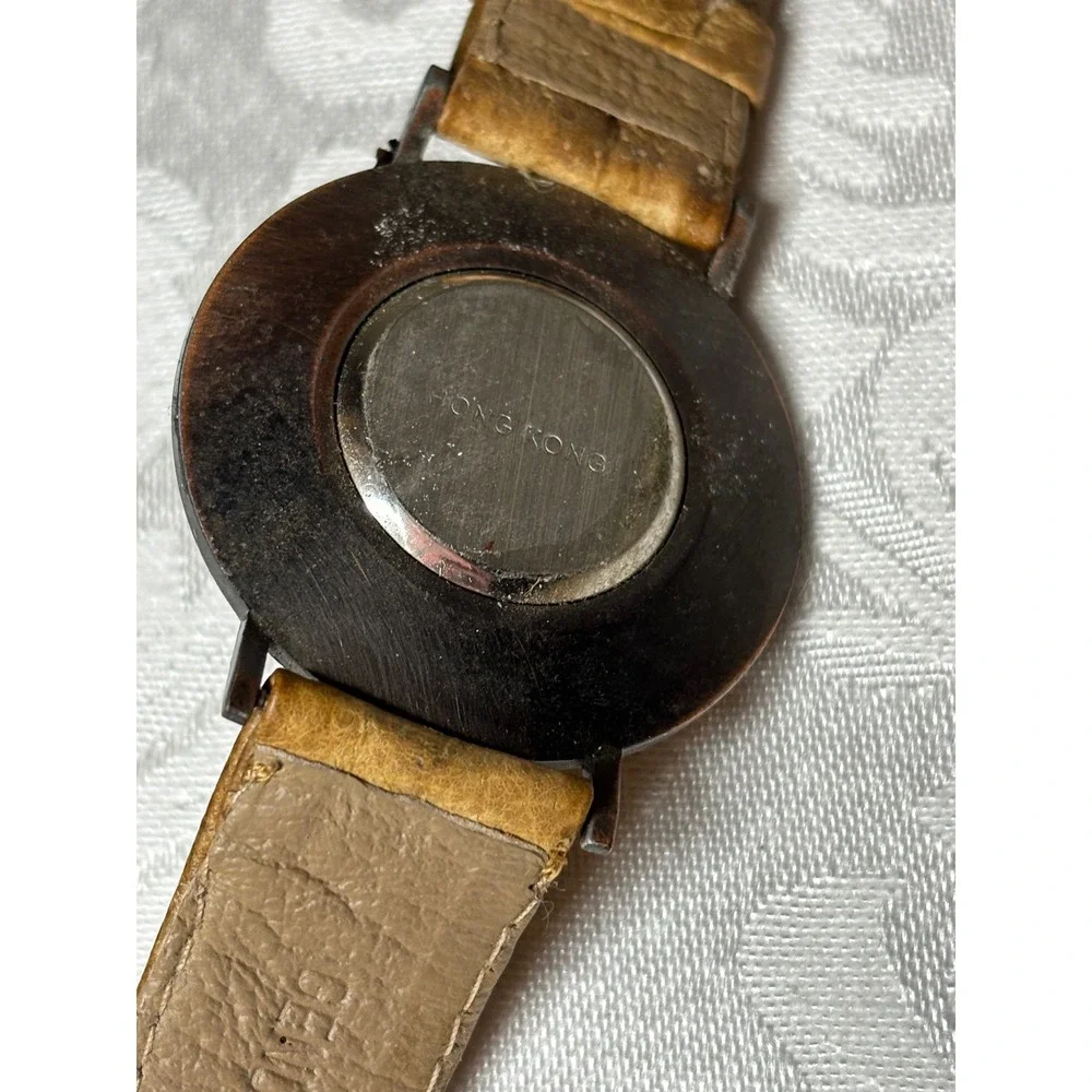 Fossil Sundial Watch Tan Leather Band Stone Face Timepiece SD-7610 Vintage